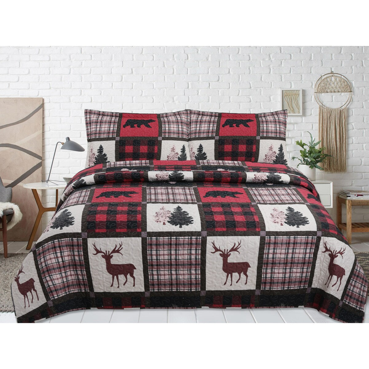 Marina Decoration Rich Printed Stitching Coverlet Bedspread Ultra Soft Summer Bedding Quilt Set, Cottage Bear Reindeer Plaid