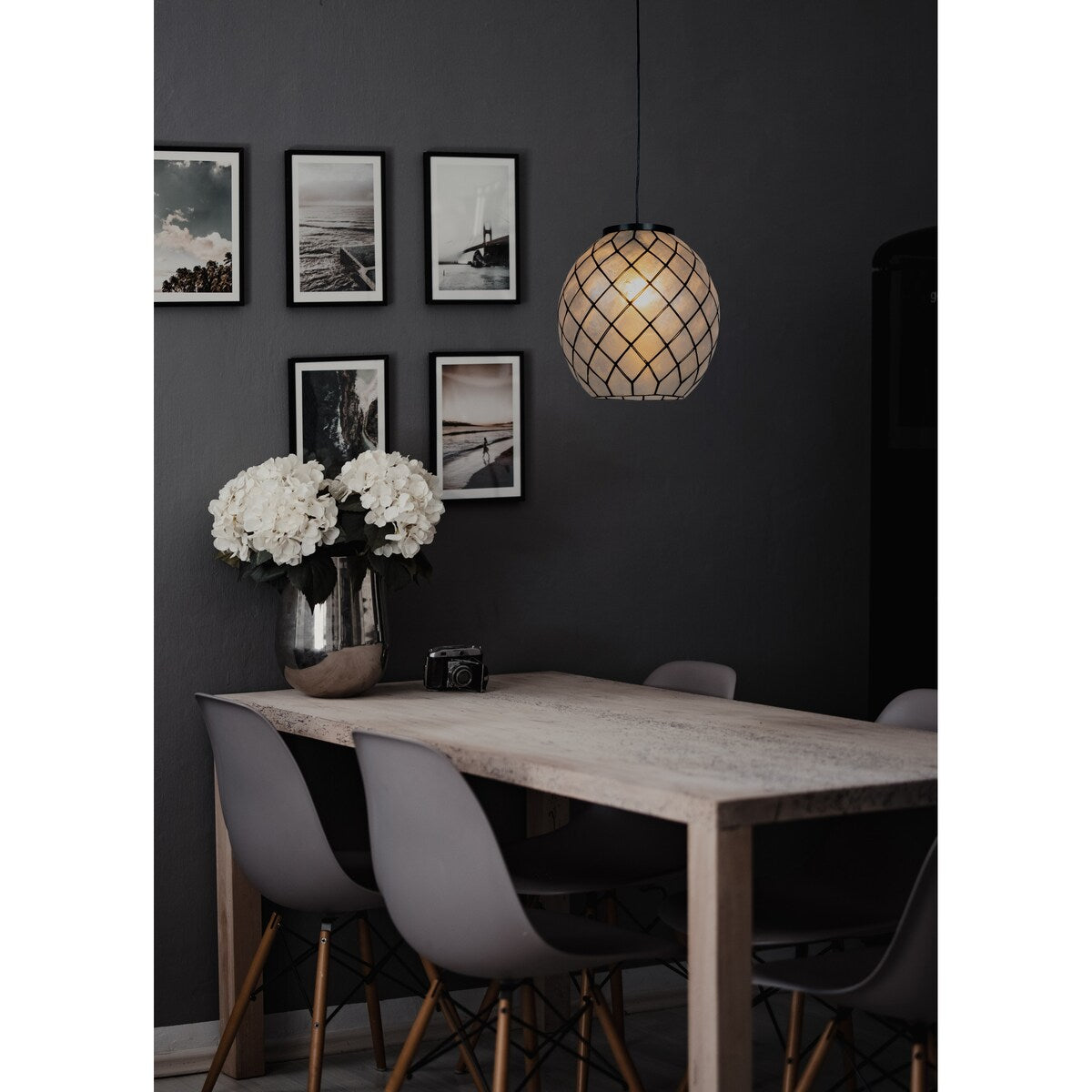 Marina Natural Capiz and Metal Orb Pendant Ceiling Light - 12.0"L x 12.0"W x 12.4"H