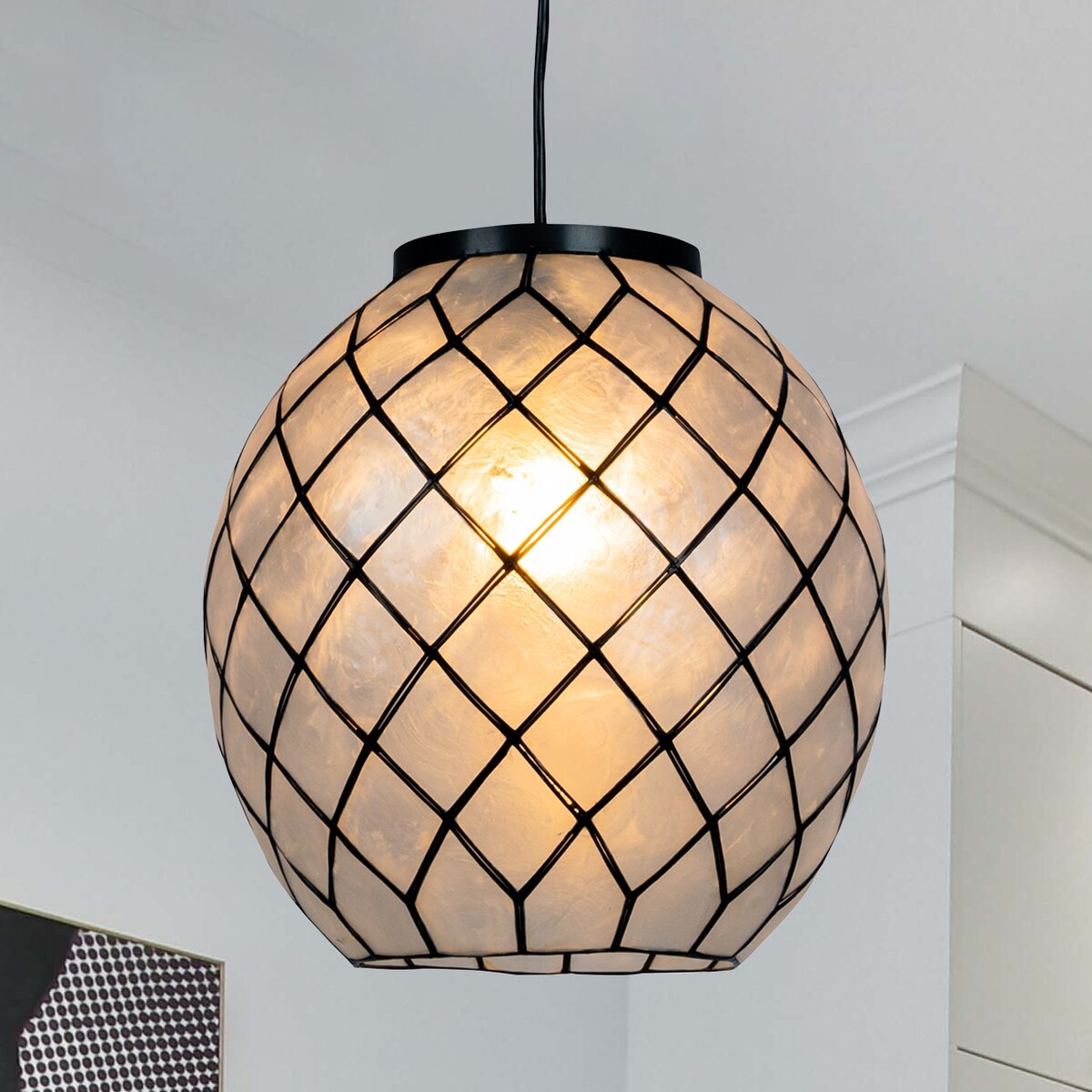 Marina Natural Capiz and Metal Orb Pendant Ceiling Light - 12.0"L x 12.0"W x 12.4"H