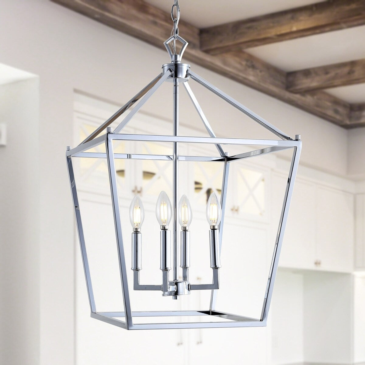 Marion 16" 4-Bulb Lantern Metal LED Pendant, Chrome by JONATHAN Y