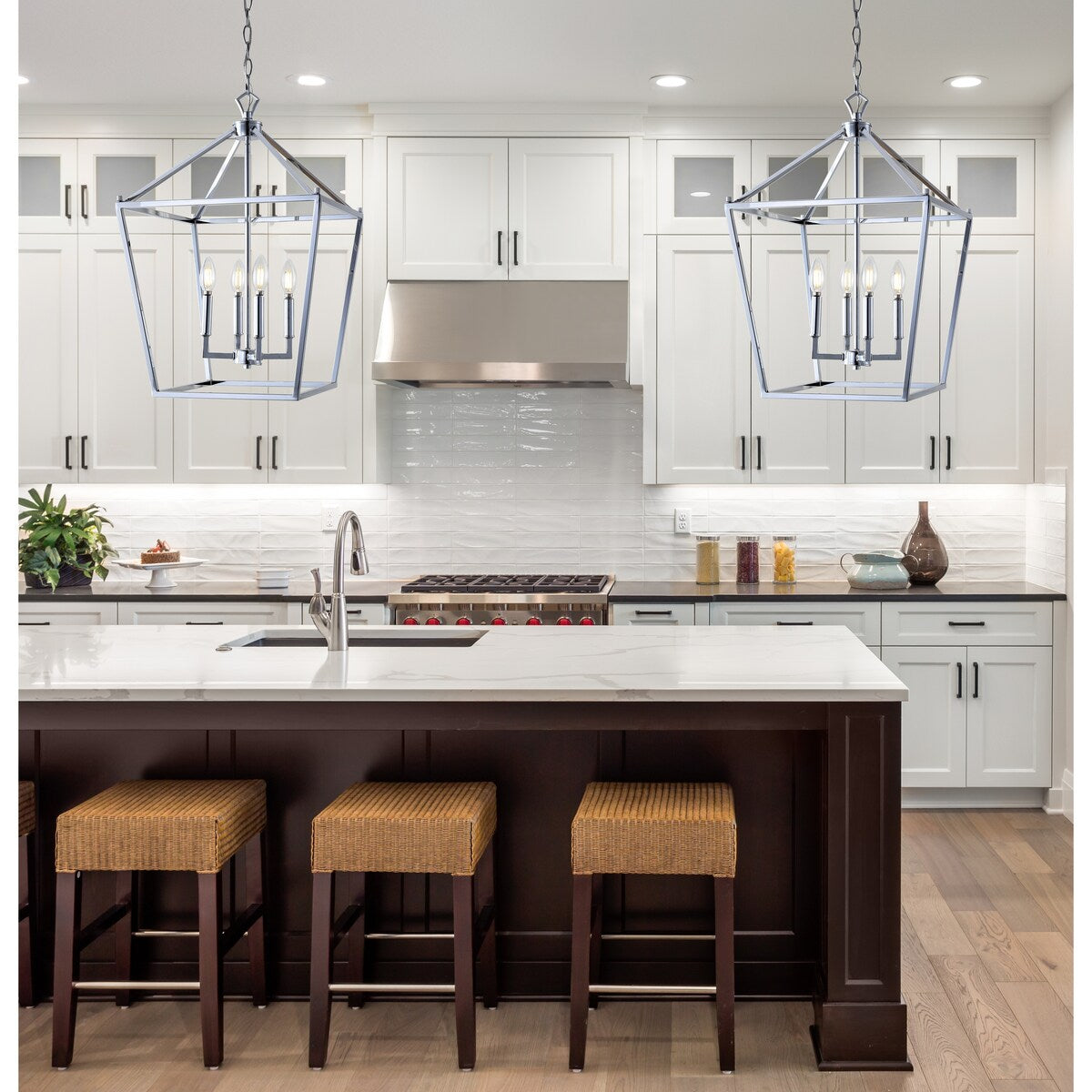 Marion 16" 4-Bulb Lantern Metal LED Pendant, Chrome by JONATHAN Y
