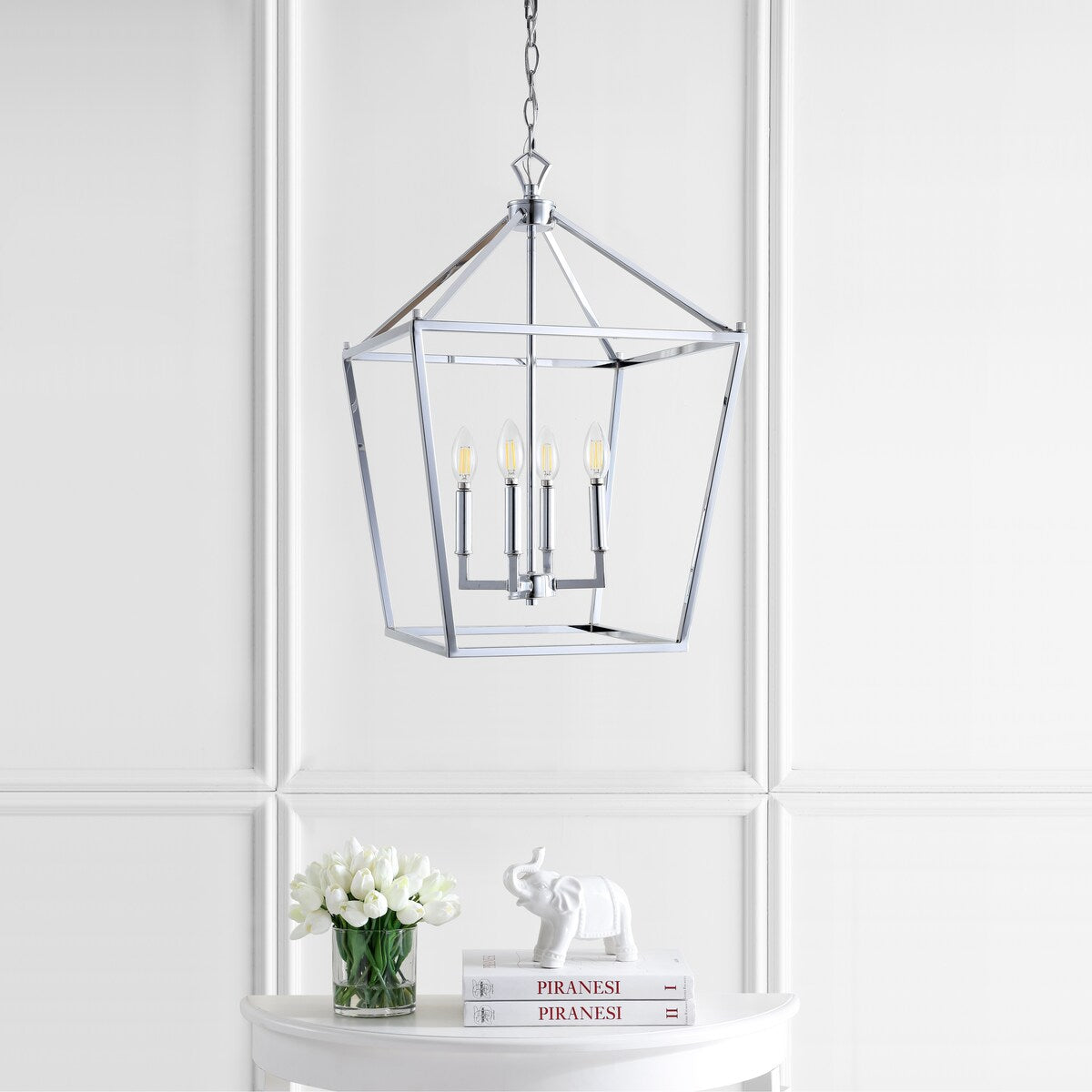 Marion 16" 4-Bulb Lantern Metal LED Pendant, Chrome by JONATHAN Y