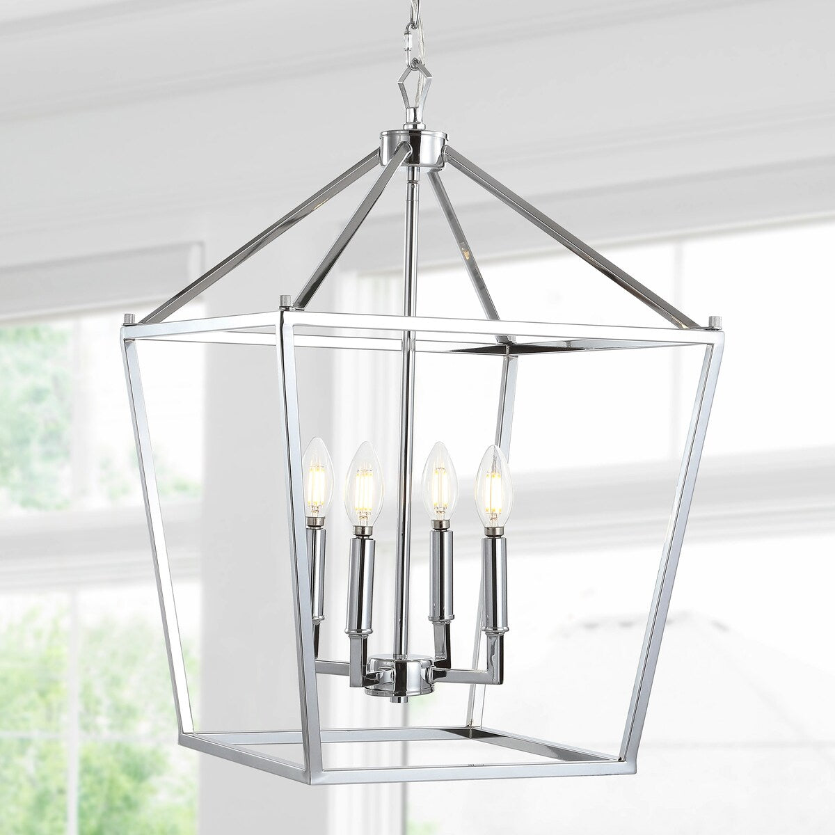 Marion 16" 4-Bulb Lantern Metal LED Pendant, Chrome by JONATHAN Y