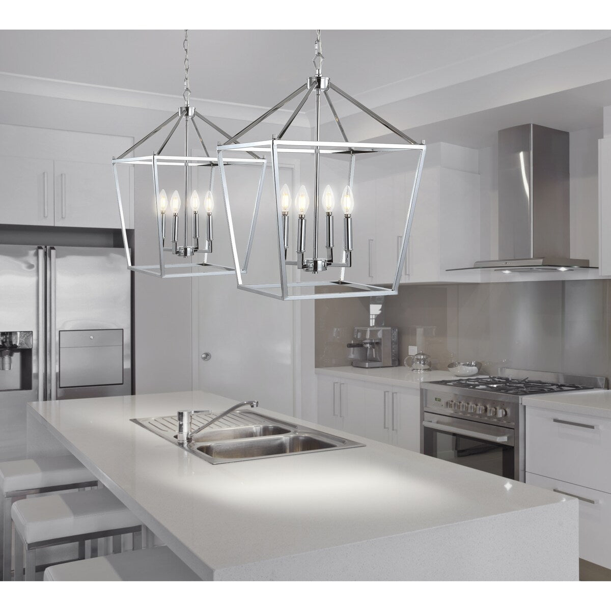Marion 16" 4-Bulb Lantern Metal LED Pendant, Chrome by JONATHAN Y