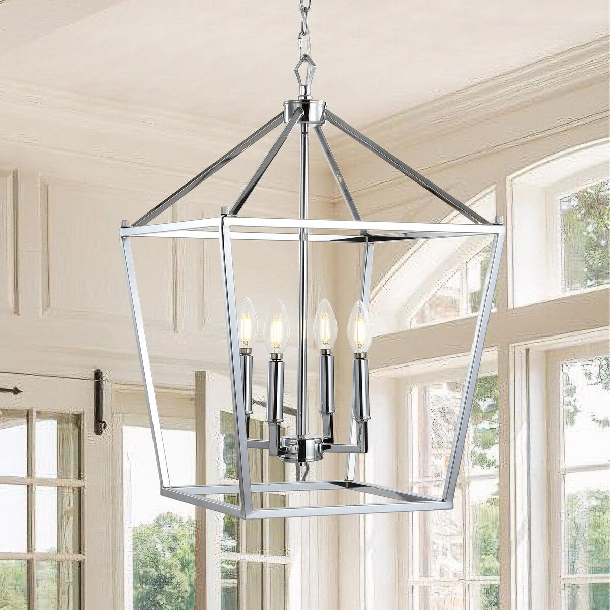 Marion 16" 4-Bulb Lantern Metal LED Pendant, Chrome by JONATHAN Y
