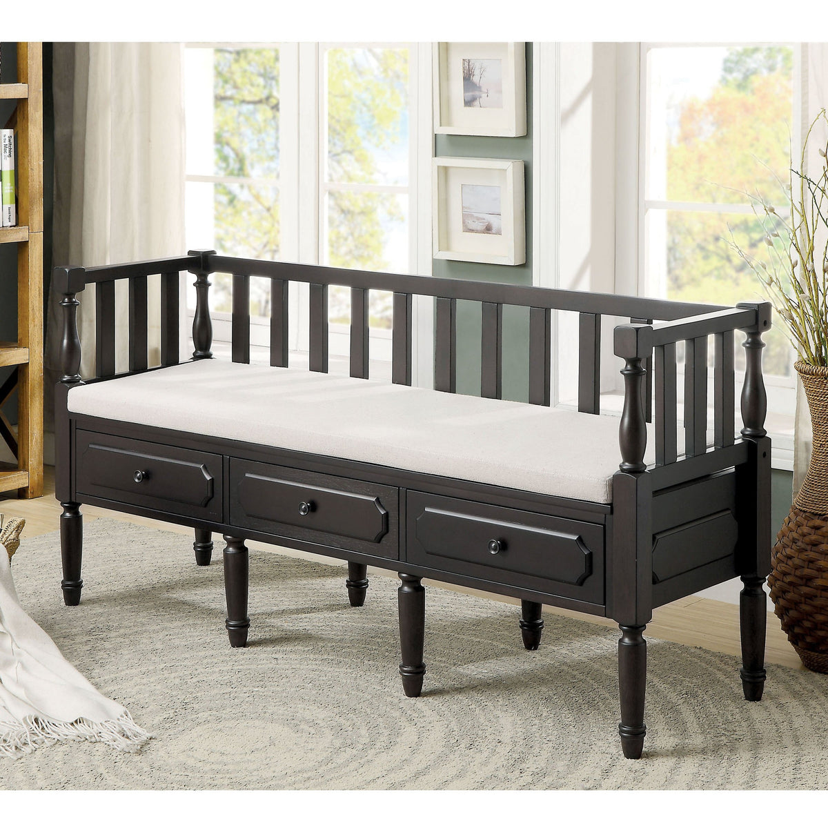 Kram Farmhouse Fabric Padded 3-Drawer Storage Bench by Furniture of Am