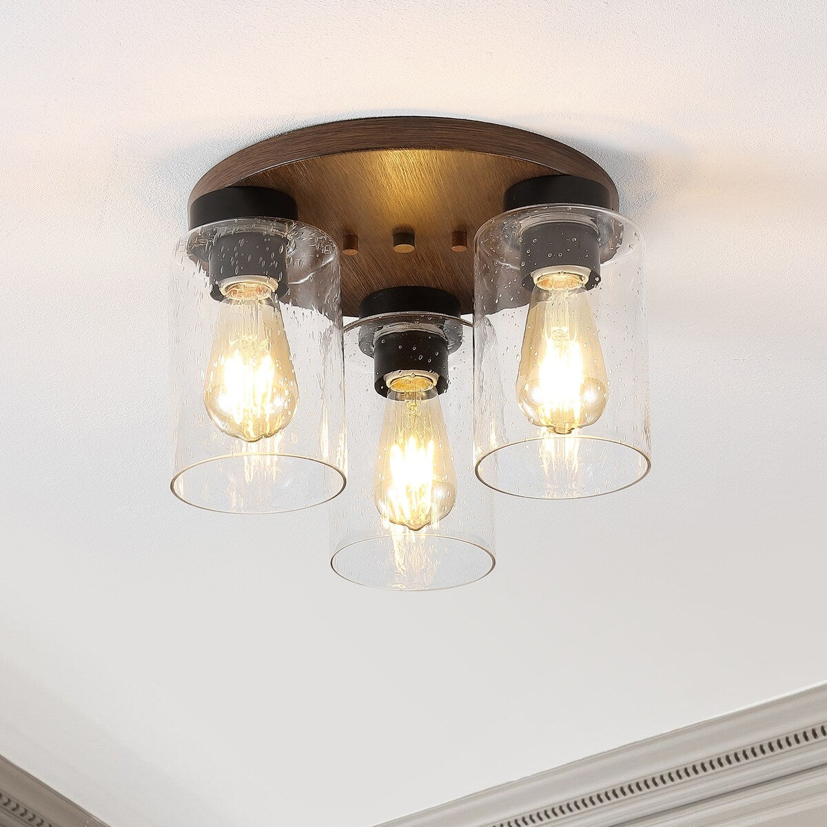 Marla 13" 3-Light Bohemian Farmhouse Iron/Seeded Glass LED Semi Flush Mount, Wood Finish/Clear by JONATHAN Y