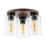 Marla 13" 3-Light Bohemian Farmhouse Iron/Seeded Glass LED Semi Flush Mount, Wood Finish/Clear by JONATHAN Y