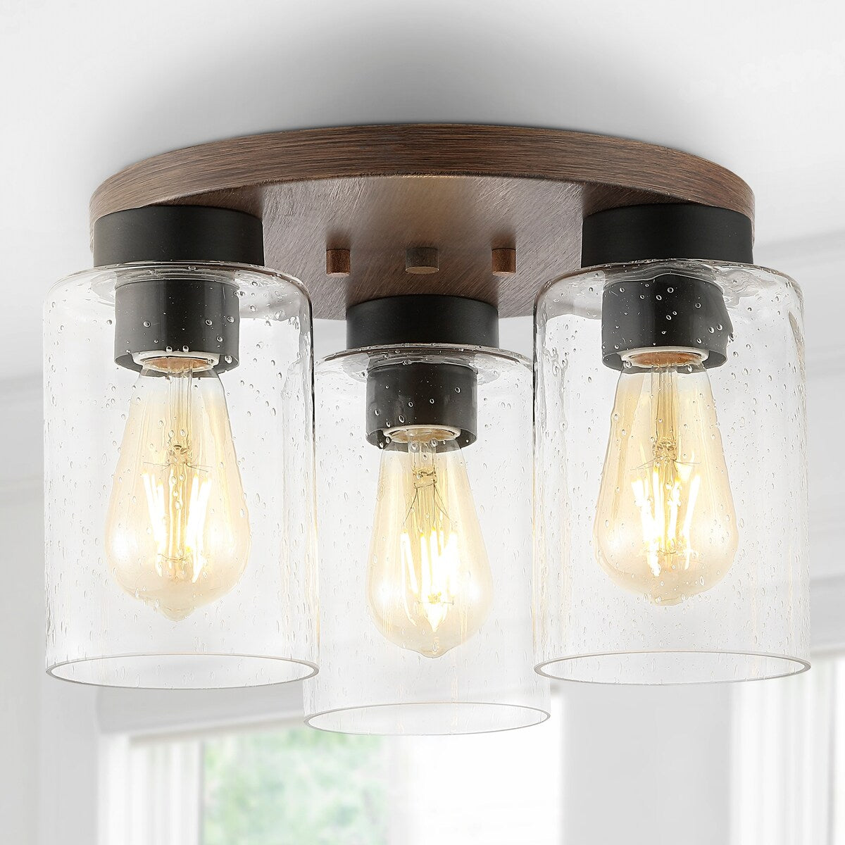 Marla 13" 3-Light Bohemian Farmhouse Iron/Seeded Glass LED Semi Flush Mount, Wood Finish/Clear by JONATHAN Y