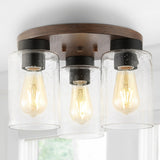 Marla 13" 3-Light Bohemian Farmhouse Iron/Seeded Glass LED Semi Flush Mount, Wood Finish/Clear by JONATHAN Y