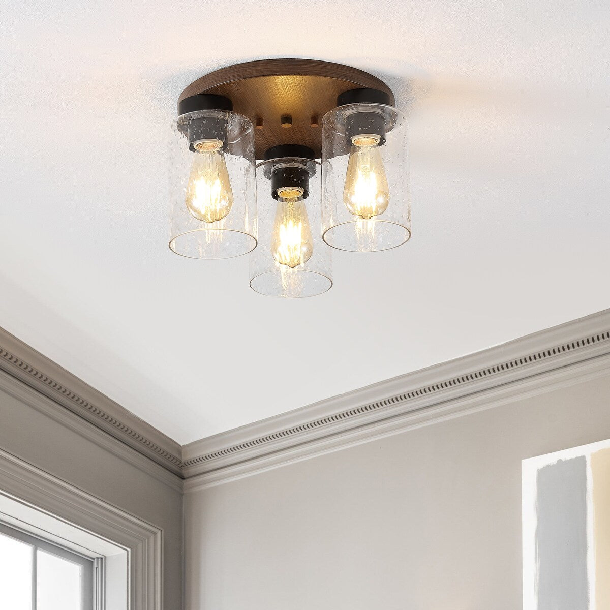 Marla 13" 3-Light Bohemian Farmhouse Iron/Seeded Glass LED Semi Flush Mount, Wood Finish/Clear by JONATHAN Y
