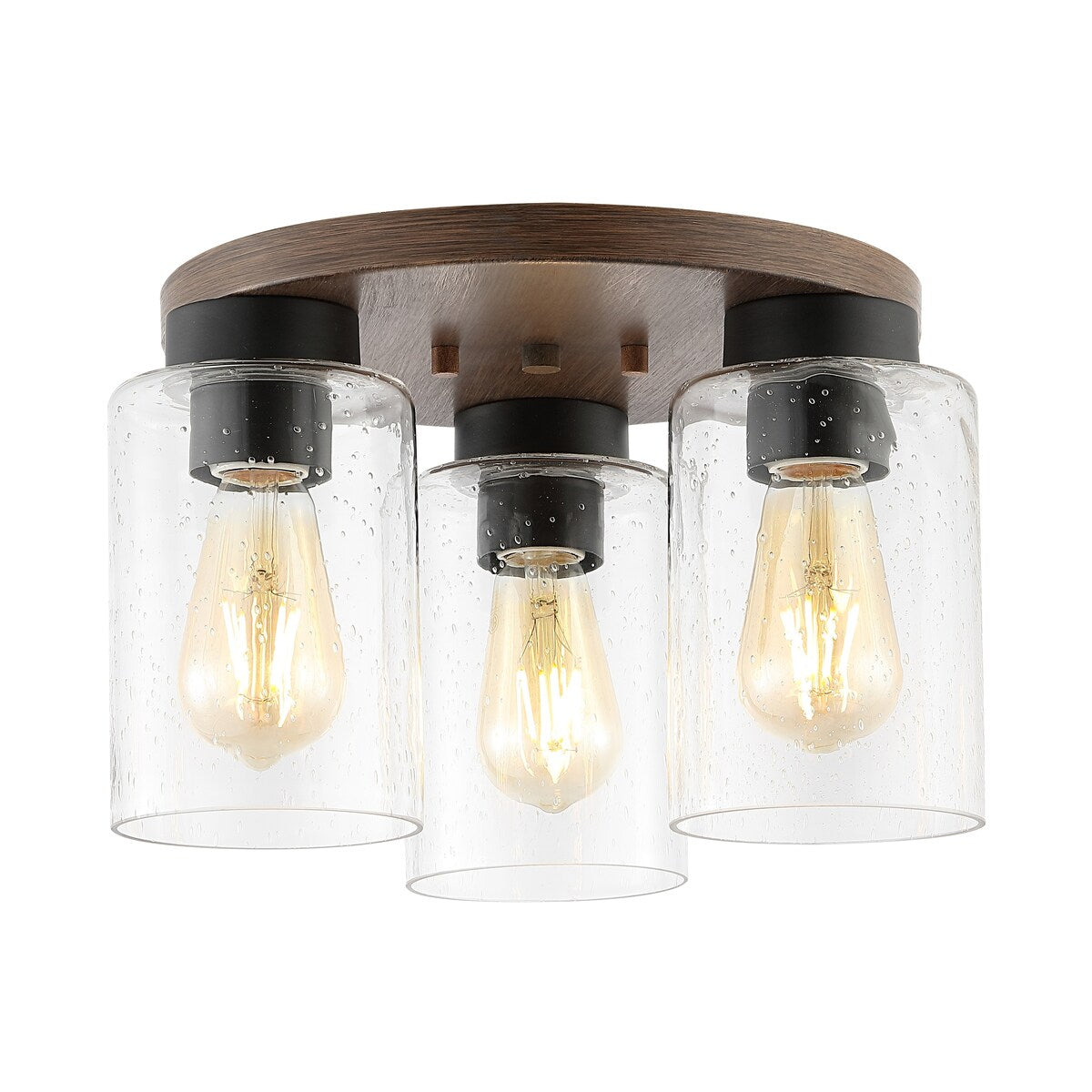 Marla 13" 3-Light Bohemian Farmhouse Iron/Seeded Glass LED Semi Flush Mount, Wood Finish/Clear by JONATHAN Y