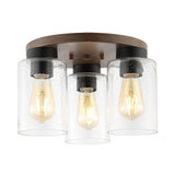 Marla 13" 3-Light Bohemian Farmhouse Iron/Seeded Glass LED Semi Flush Mount, Wood Finish/Clear by JONATHAN Y