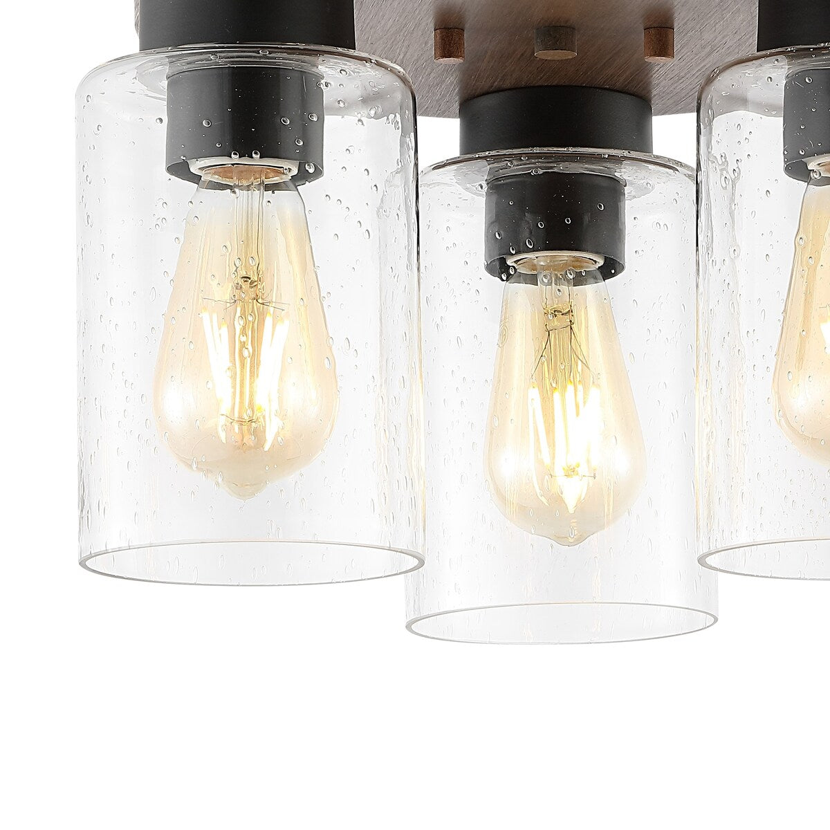 Marla 13" 3-Light Bohemian Farmhouse Iron/Seeded Glass LED Semi Flush Mount, Wood Finish/Clear by JONATHAN Y