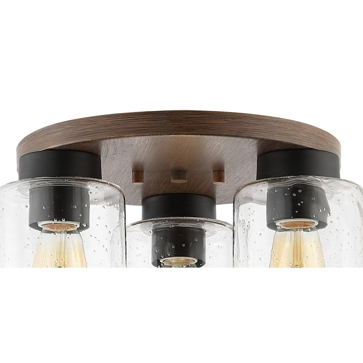 Marla 13" 3-Light Bohemian Farmhouse Iron/Seeded Glass LED Semi Flush Mount, Wood Finish/Clear by JONATHAN Y