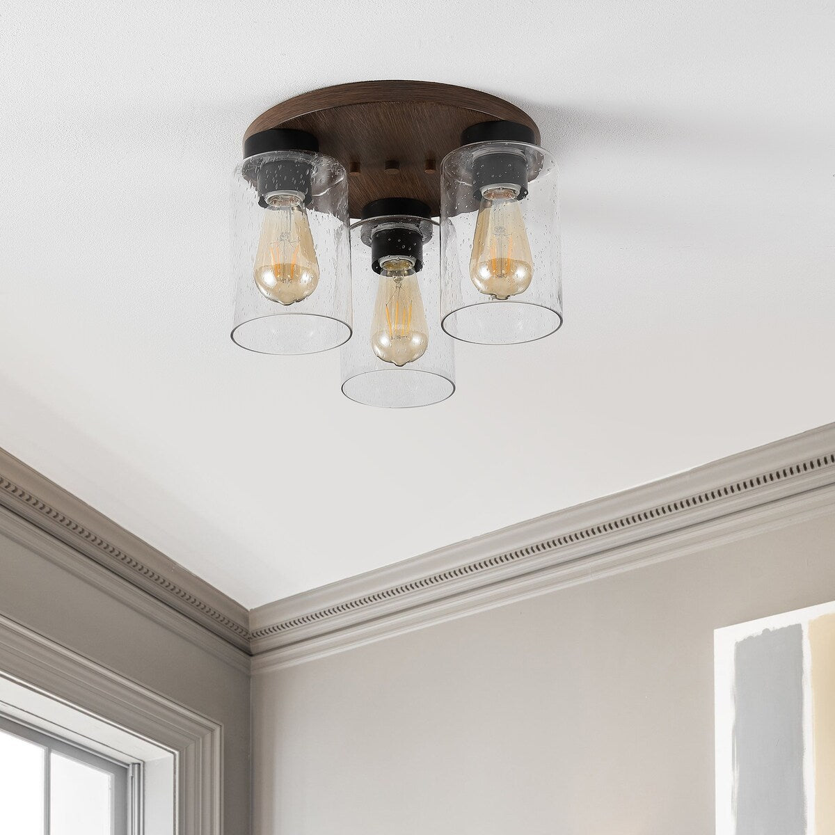 Marla 13" 3-Light Bohemian Farmhouse Iron/Seeded Glass LED Semi Flush Mount, Wood Finish/Clear by JONATHAN Y