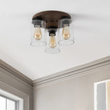 Marla 13" 3-Light Bohemian Farmhouse Iron/Seeded Glass LED Semi Flush Mount, Wood Finish/Clear by JONATHAN Y