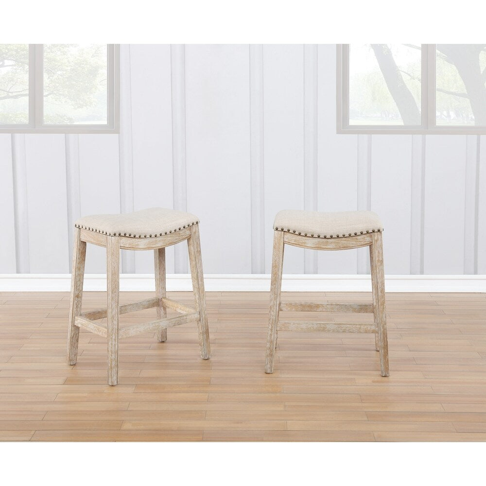 Maroni Whitewash Finish Faric Upholstery Nailheaded Saddle Counter Stool in Tan, Set of 2
