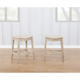 Maroni Whitewash Finish Faric Upholstery Nailheaded Saddle Counter Stool in Tan, Set of 2
