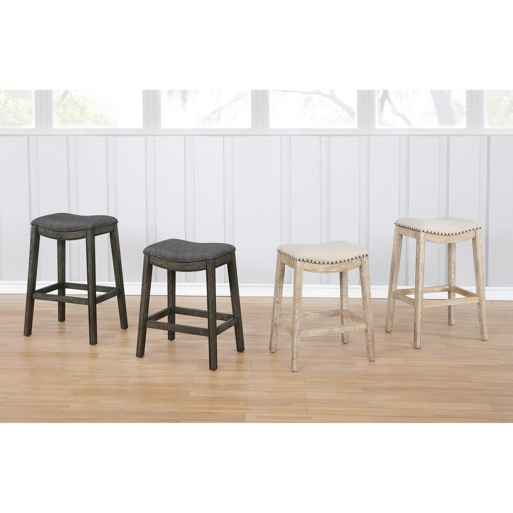 Maroni Whitewash Finish Faric Upholstery Nailheaded Saddle Counter Stool in Tan, Set of 2