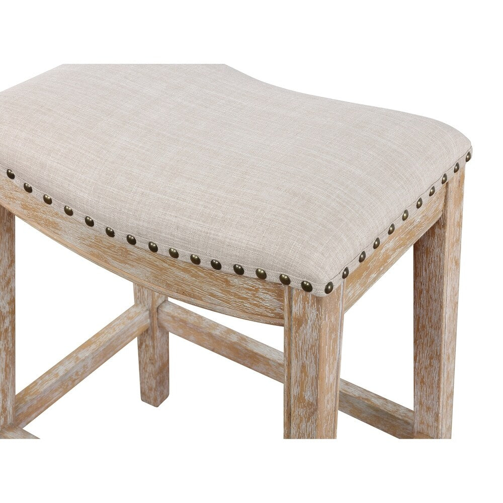 Maroni Whitewash Finish Faric Upholstery Nailheaded Saddle Counter Stool in Tan, Set of 2
