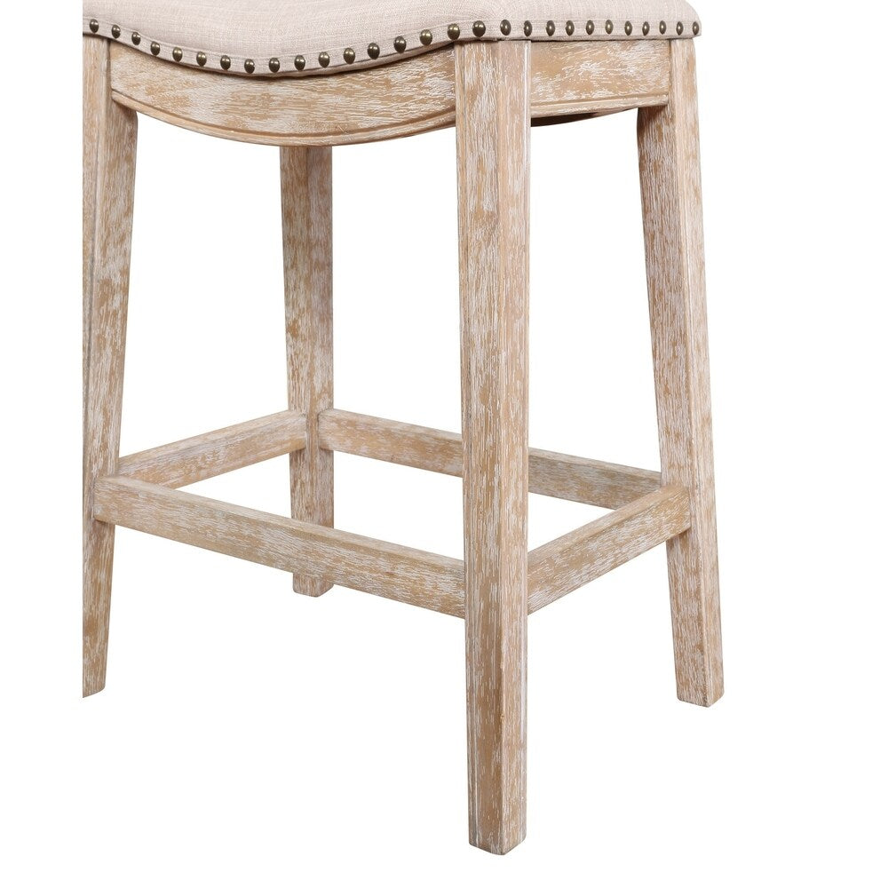 Maroni Whitewash Finish Faric Upholstery Nailheaded Saddle Counter Stool in Tan, Set of 2
