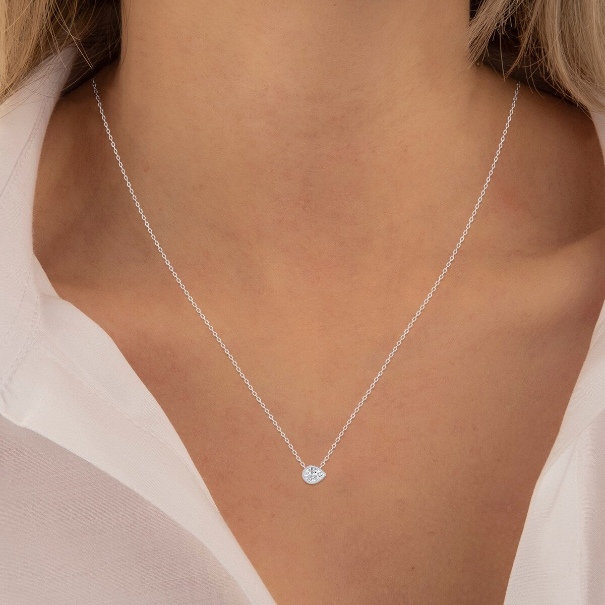Marquee Lab Grown 1/4 Carat Pear Shaped Bezel Set Diamond Solitaire Pendant in 14K White Gold