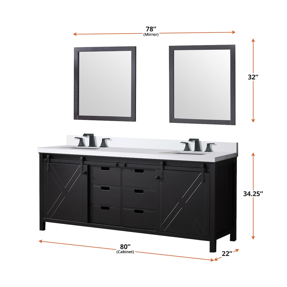 Marsyas Bath Vanity, White Quartz Countertop and Mirrors