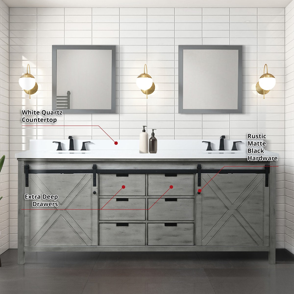 Marsyas Bath Vanity, White Quartz Countertop and Mirrors