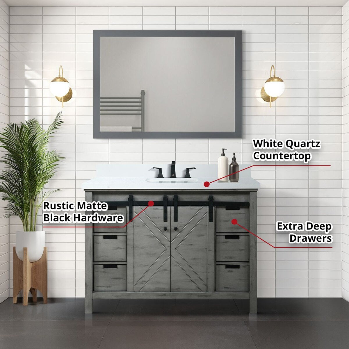 Marsyas Bath Vanity, White Quartz Countertop and Mirrors