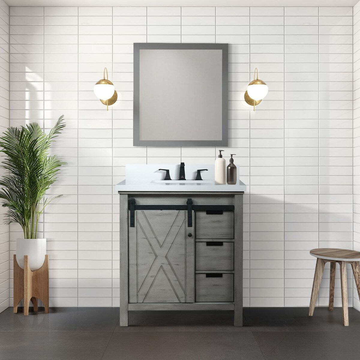 Marsyas Bath Vanity, White Quartz Countertop and Mirrors