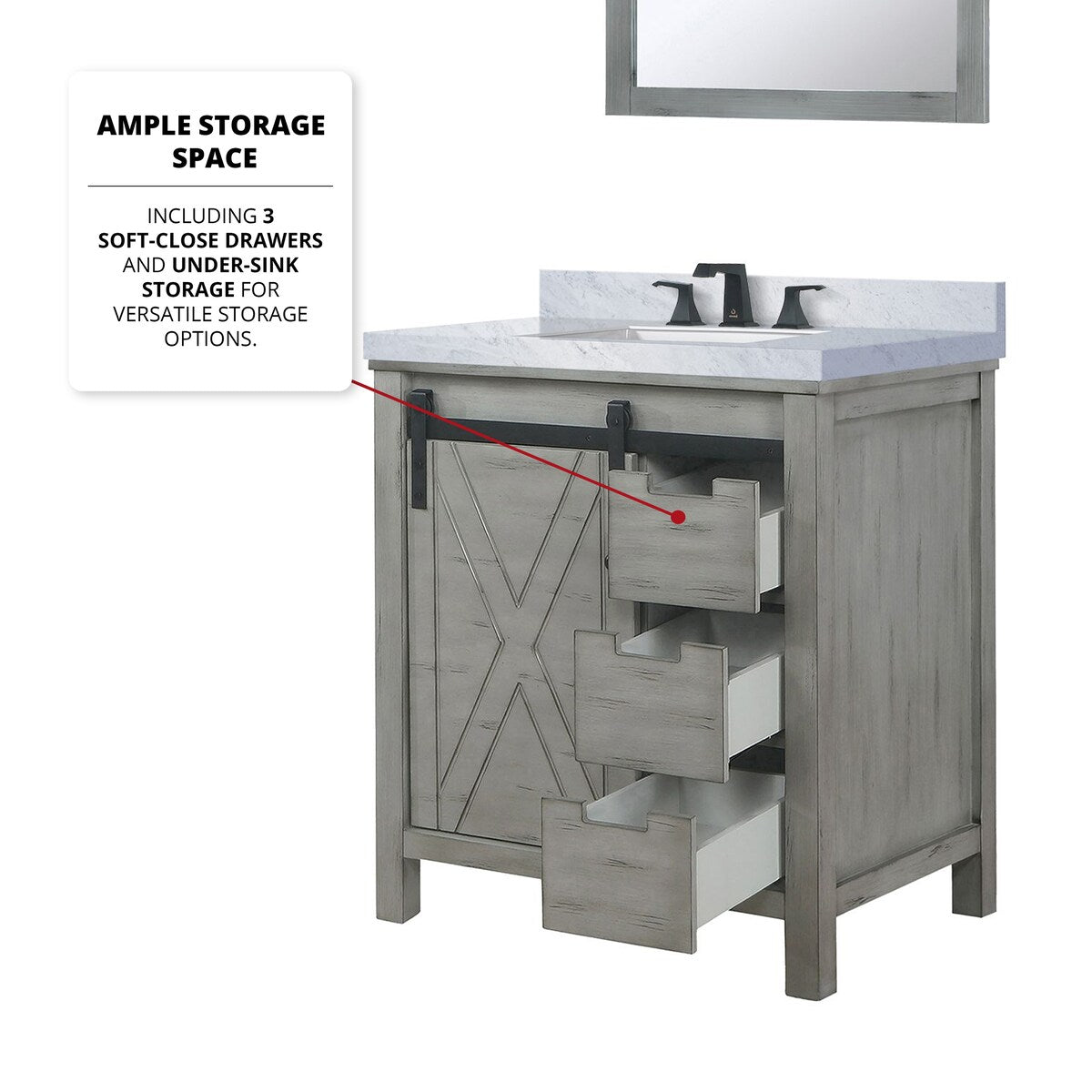 Marsyas Bath Vanity, White Quartz Countertop and Mirrors