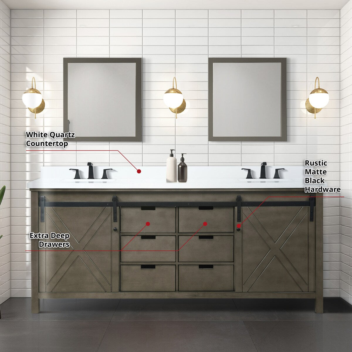 Marsyas Bath Vanity, White Quartz Countertop and Mirrors