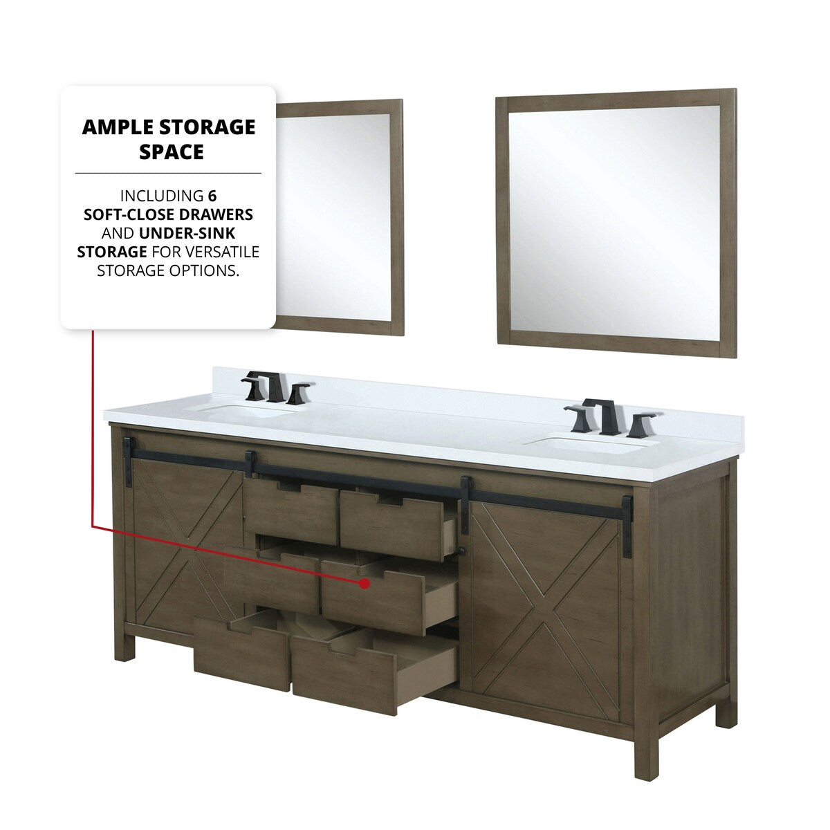 Marsyas Bath Vanity, White Quartz Countertop and Mirrors