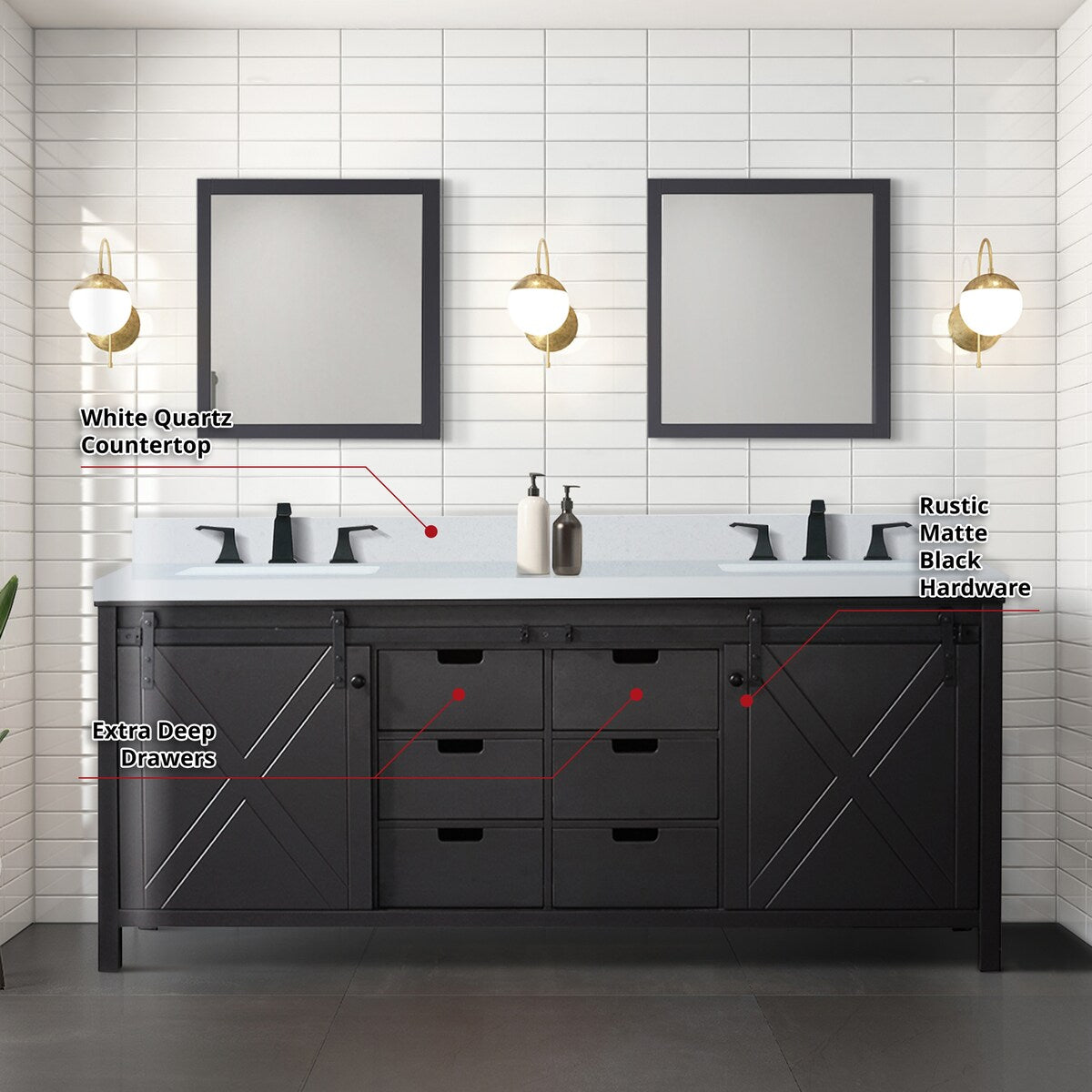 Marsyas Bath Vanity, White Quartz Countertop and Mirrors