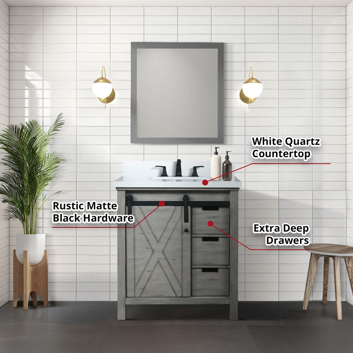 Marsyas Bath Vanity, White Quartz Countertop and Mirrors
