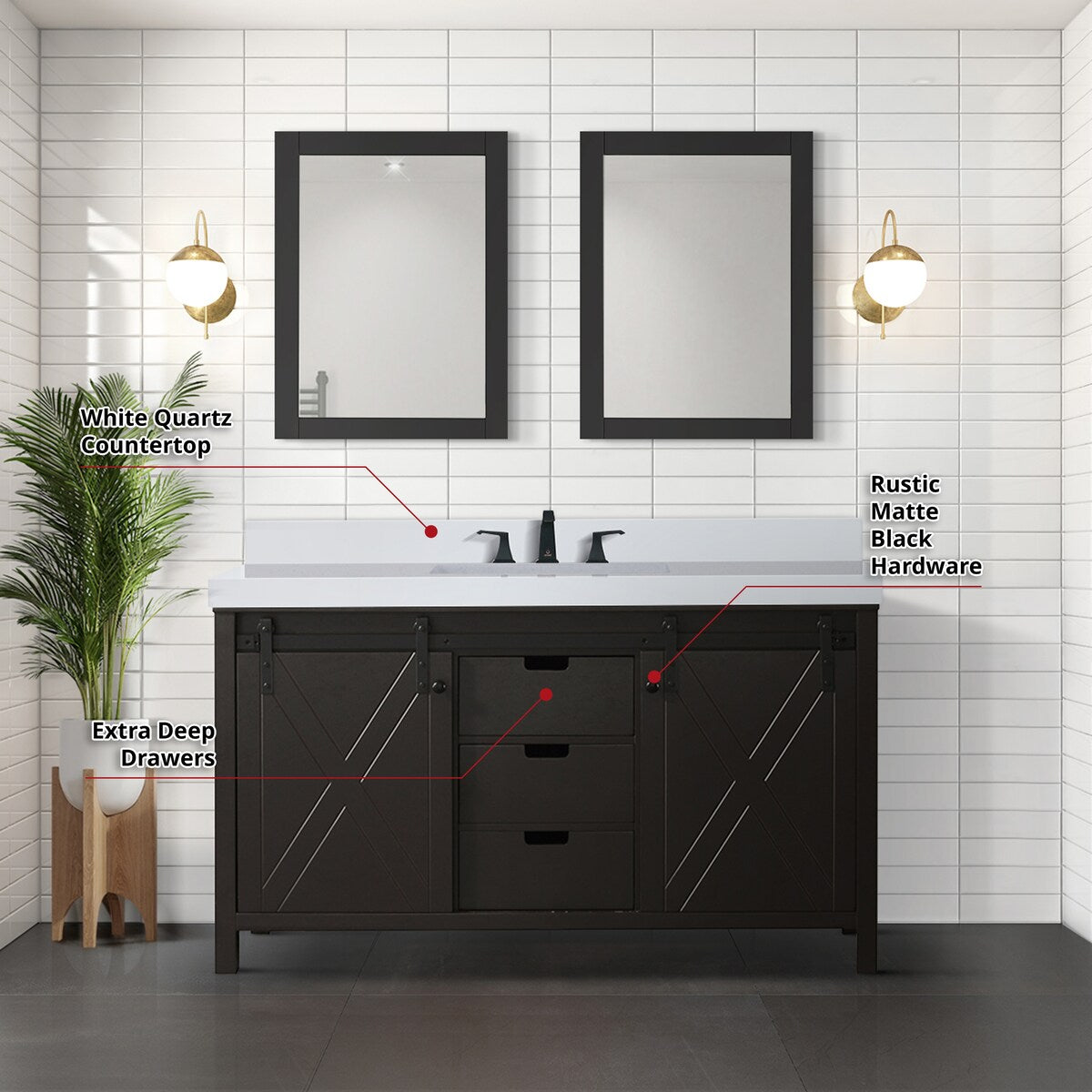 Marsyas Bath Vanity, White Quartz Countertop and Mirrors