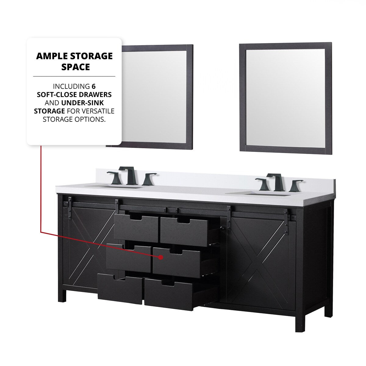 Marsyas Bath Vanity, White Quartz Countertop and Mirrors