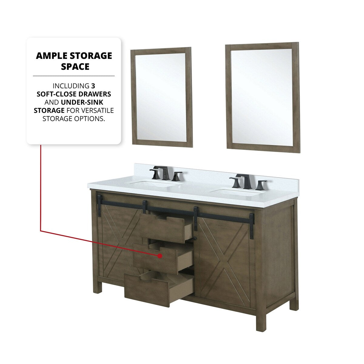 Marsyas Bath Vanity, White Quartz Countertop and Mirrors