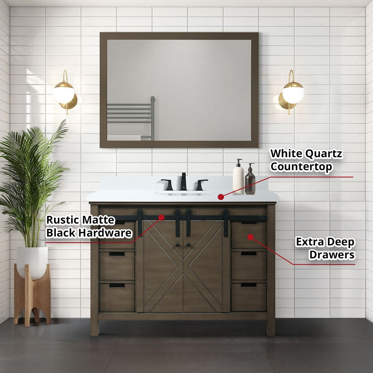 Marsyas Bath Vanity, White Quartz Countertop and Mirrors
