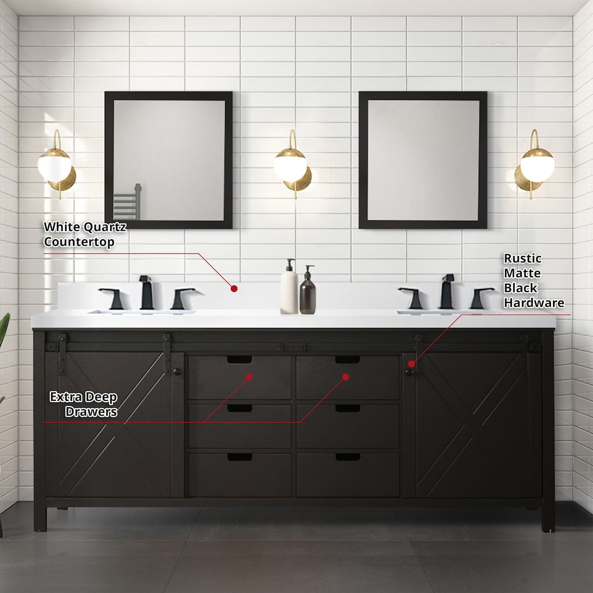 Marsyas Bath Vanity, White Quartz Countertop and Mirrors