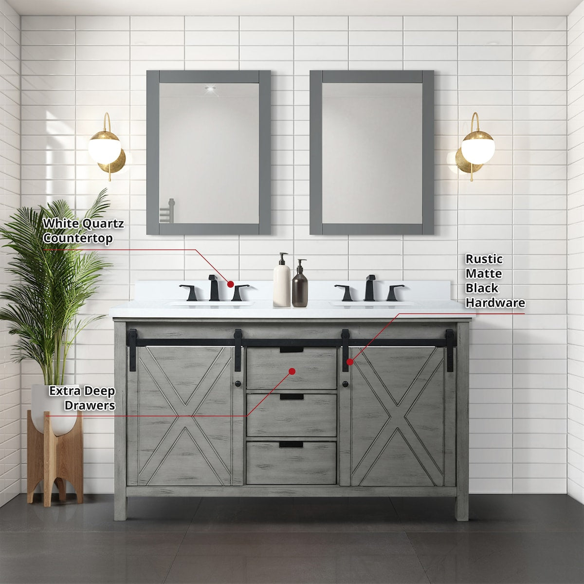 Marsyas Bath Vanity, White Quartz Countertop and Mirrors