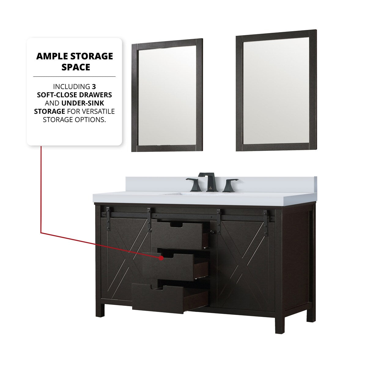 Marsyas Bath Vanity, White Quartz Countertop and Mirrors