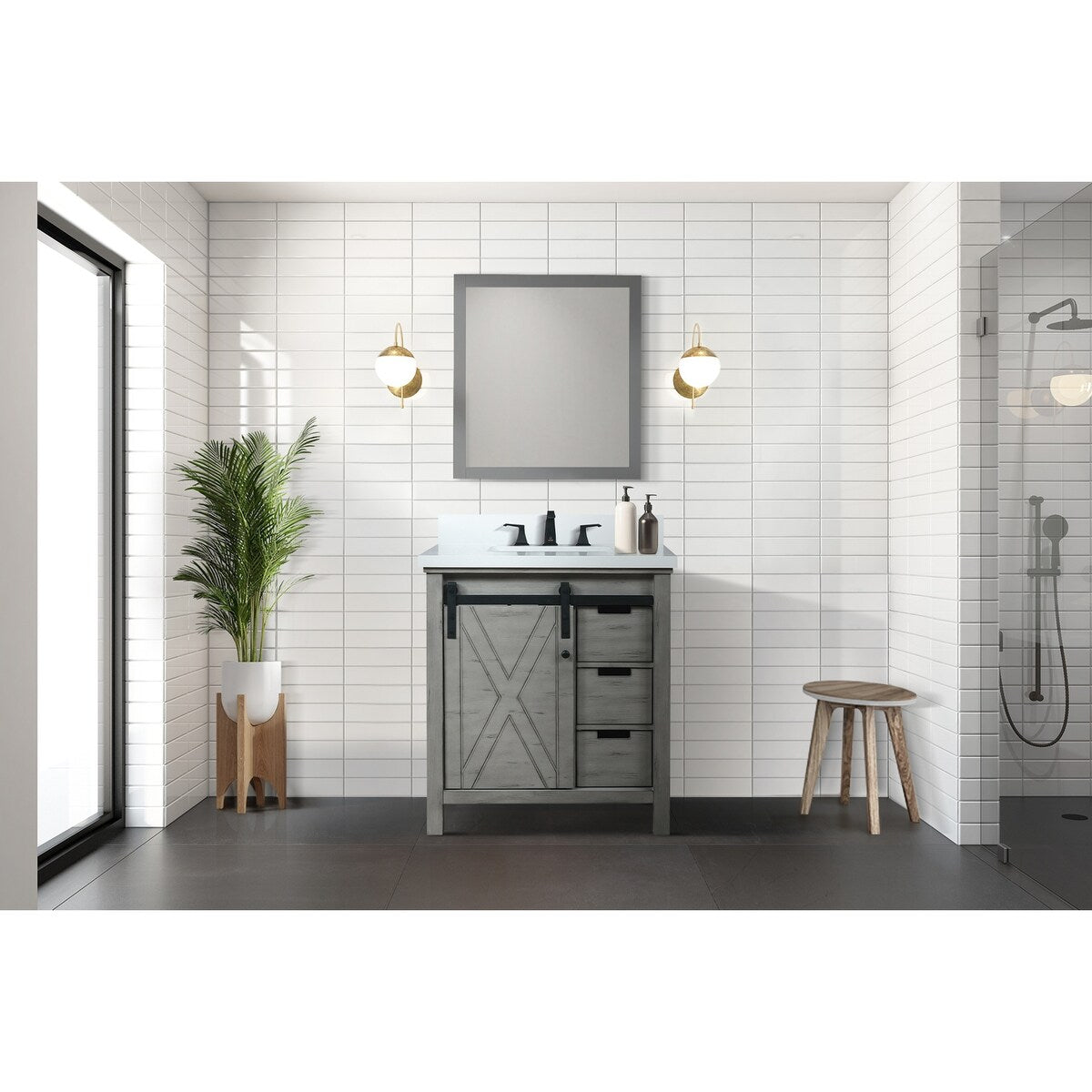 Marsyas Bath Vanity, White Quartz Countertop and Mirrors