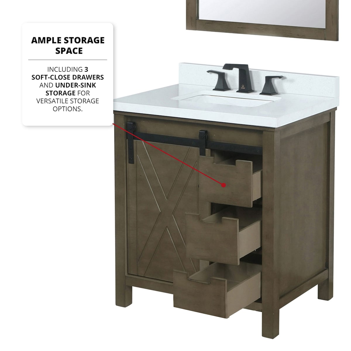 Marsyas Bath Vanity, White Quartz Countertop and Mirrors