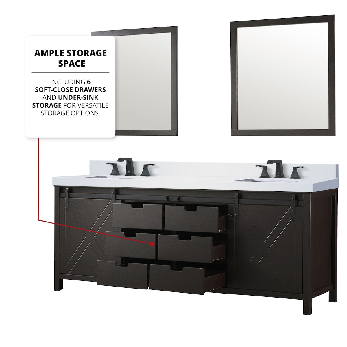 Marsyas Bath Vanity, White Quartz Countertop and Mirrors