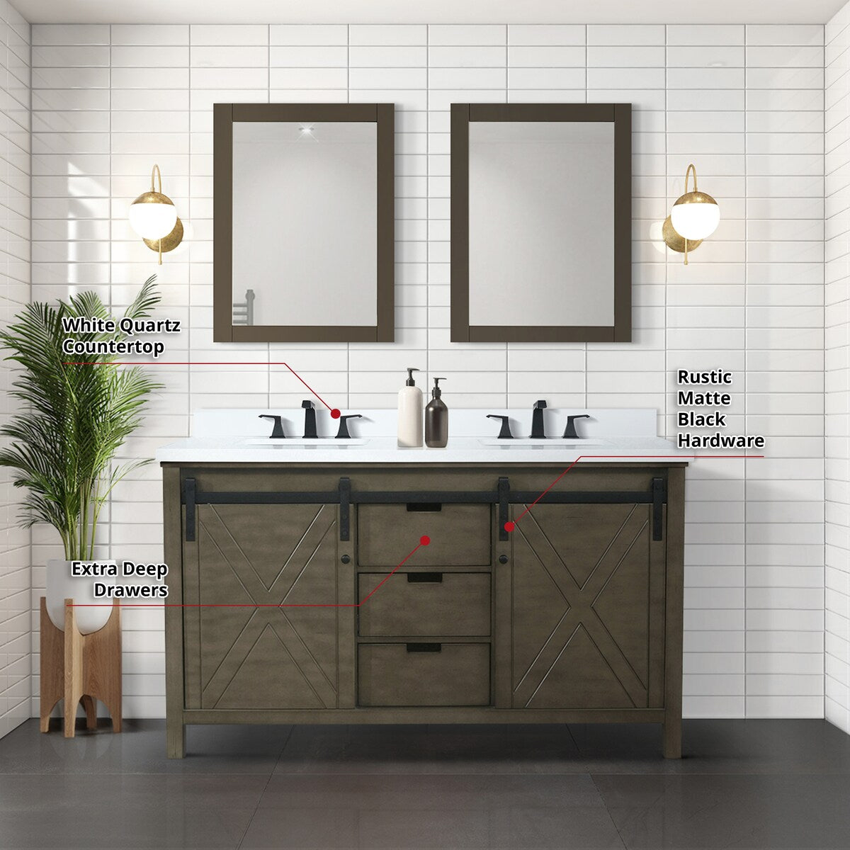 Marsyas Bath Vanity, White Quartz Countertop and Mirrors