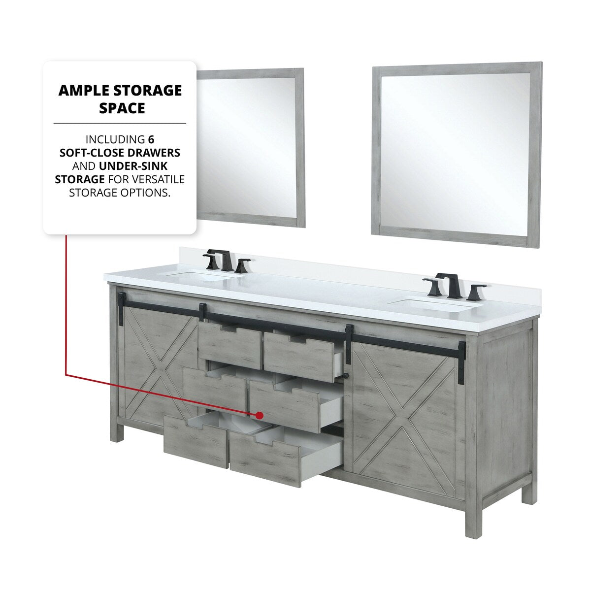 Marsyas Bath Vanity, White Quartz Countertop and Mirrors