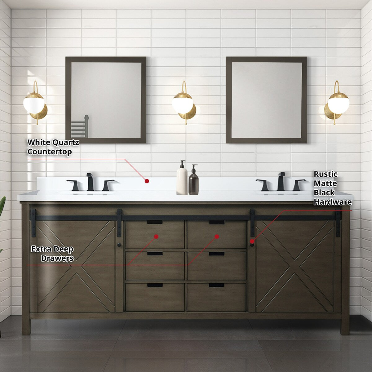 Marsyas Bath Vanity, White Quartz Countertop and Mirrors