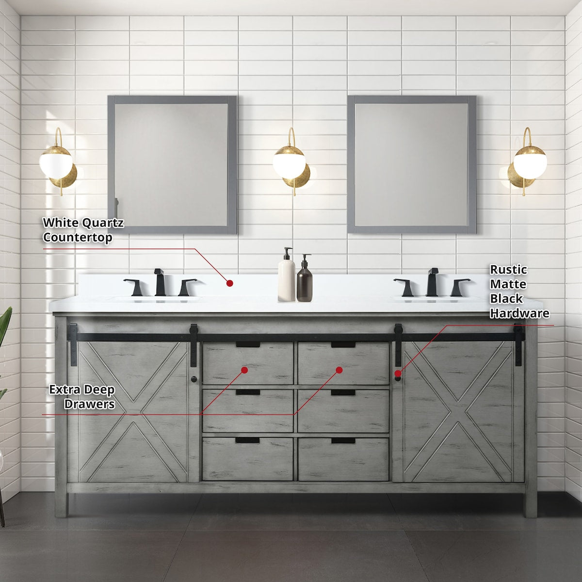 Marsyas Bath Vanity, White Quartz Countertop and Mirrors